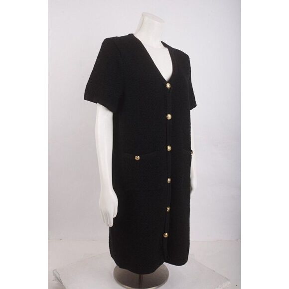 Massimo Dutti Womens Knit Mini Dress bouclé Gold Buttons M Black 6637/624 NWT - Picture 2 of 6